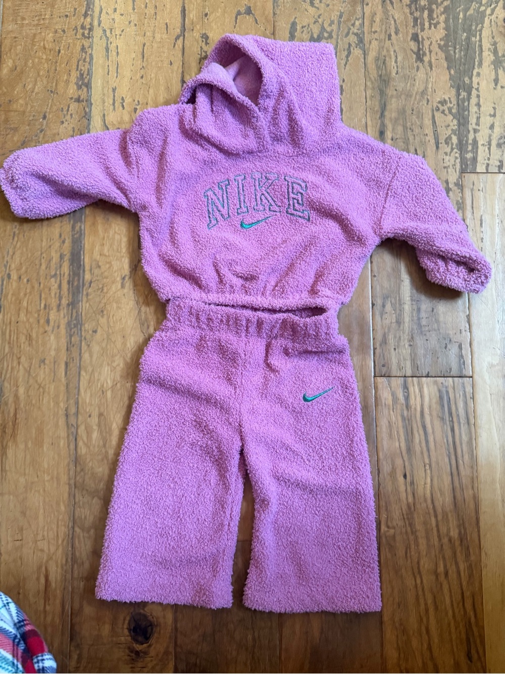 Nike Pink Fuzzy Hoodie and Pants Set with Teal Swoosh